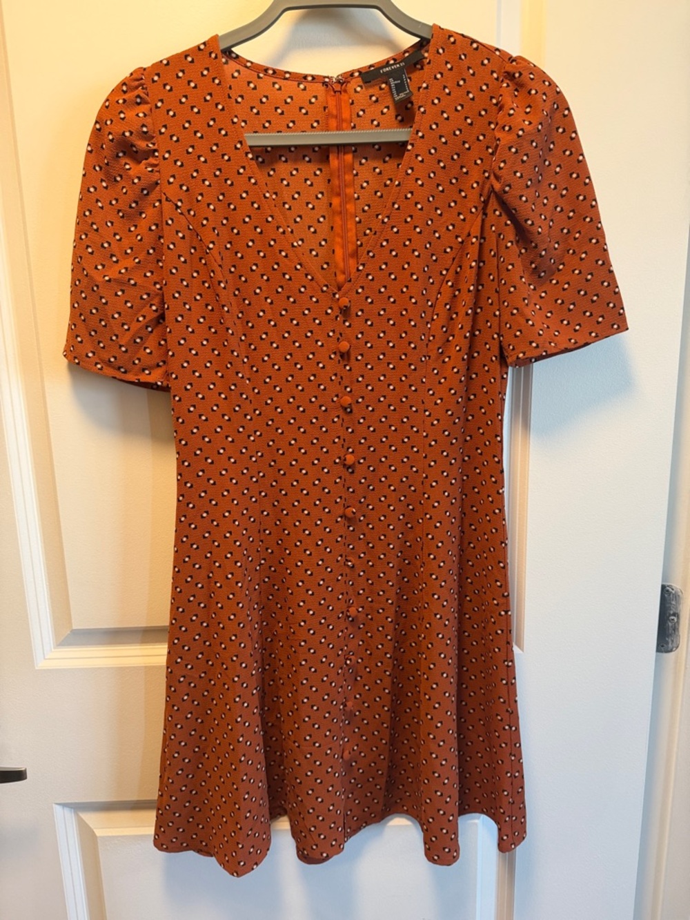 Rust Orange Printed Short Puff-Sleeve Mini Dress